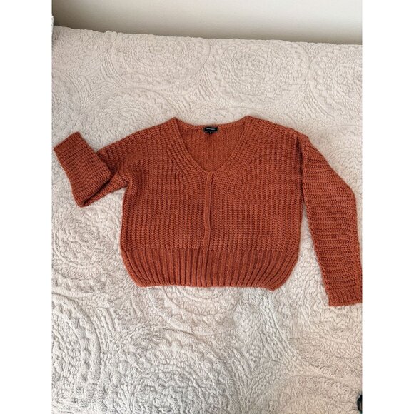 Rust Chunky Knit V-Neck Sweater Medium Cropped Long Sleeve Fall Cozy Boho - Picture 1 of 8
